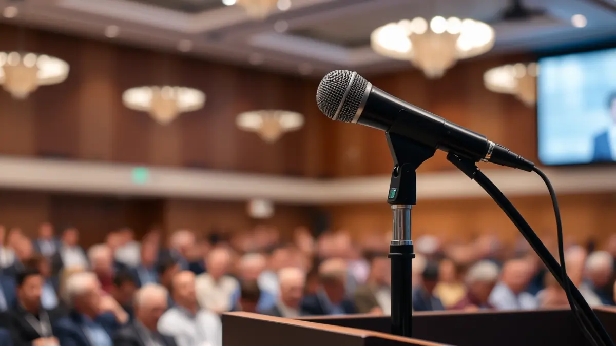 Generic image of a microphone on a podium during a public event.
