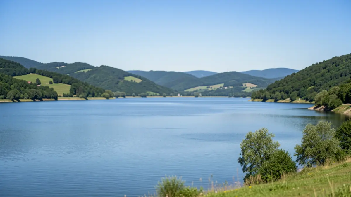 Imagen genérica de un embalse rodeado de colinas verdes.