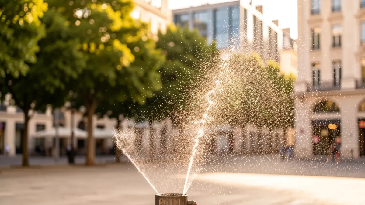 Imagen genérica de un pulverizador de agua en una plaza urbana para combatir el calor.