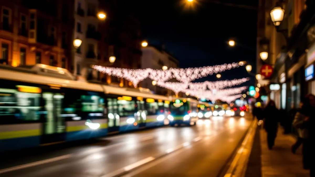 Generic image of a busy street in a European city at night, with lights from public transport vehicles.