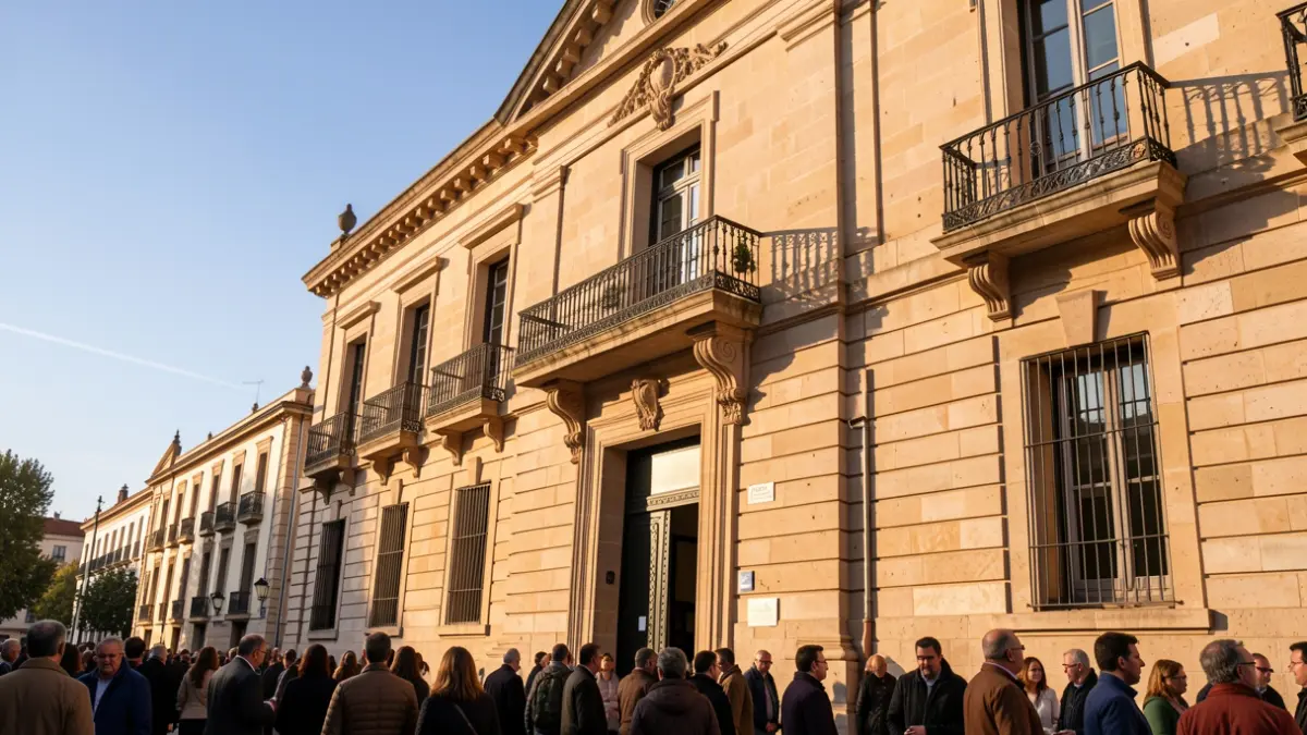 Imagen genérica del Ayuntamiento de Madrid con balcón y barandillas de hierro, luz de sol de la tarde.