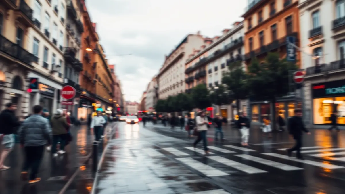 Imagen genérica de una calle de Madrid con cielo nublado y posible lluvia.