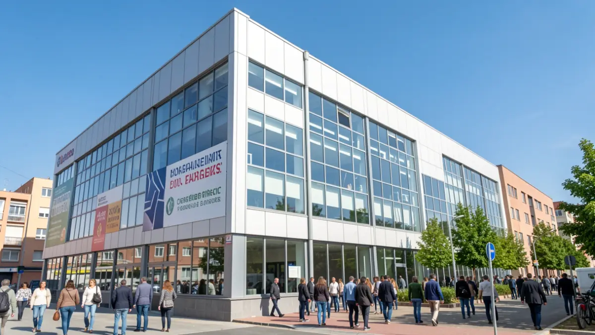 Facade of a modern industrial building in Madrid with signage and urban renewal elements.