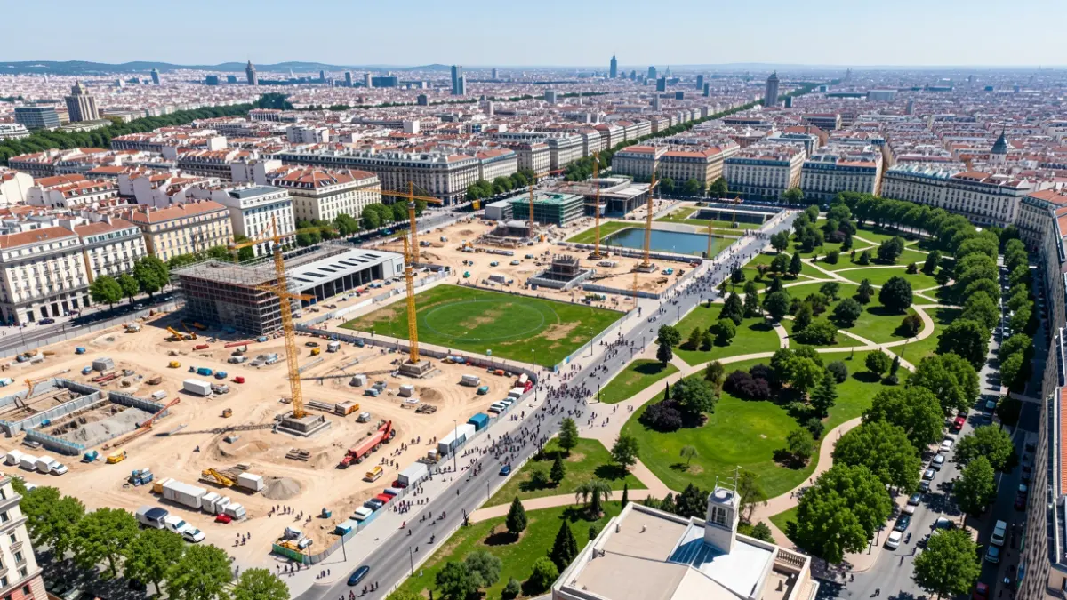 Aerial view of areas in Madrid with construction sites and green spaces.