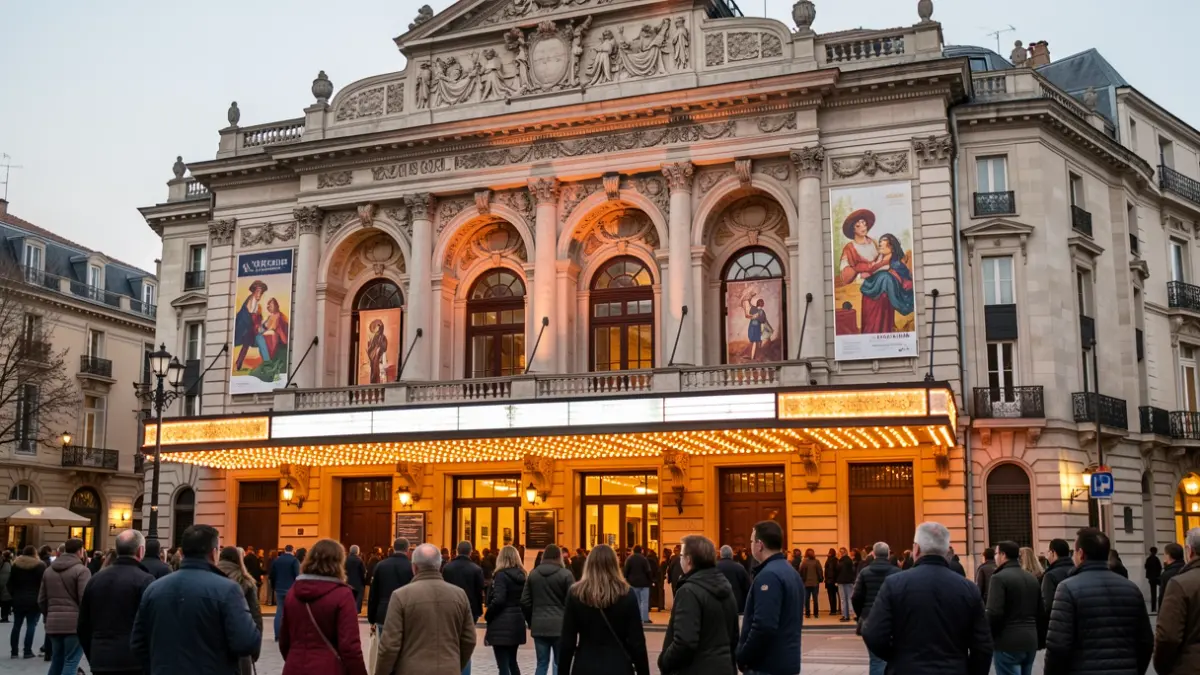 Facade of a classic Spanish theatre with ornate details and marquee lights.