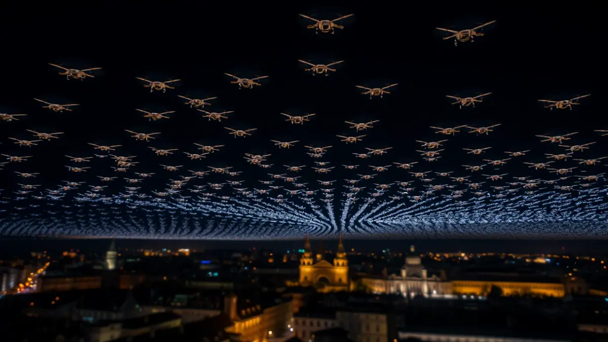Espectáculo de drones iluminando el cielo nocturno de Madrid.