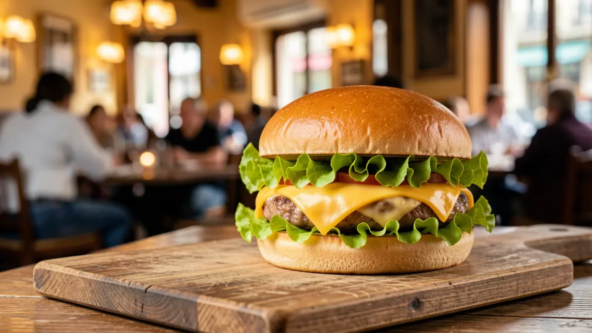 Gourmet hamburger on a wooden board with a Madrid restaurant background.