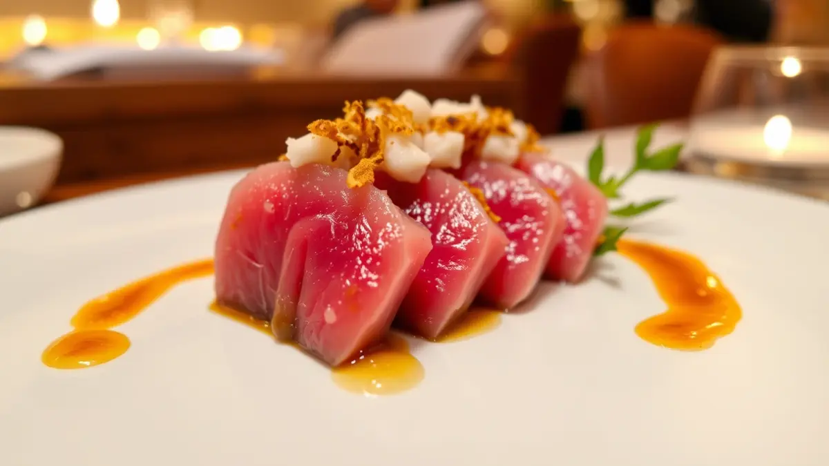 Image of red tuna tataki with ponzu sauce and crispy rice pearls.