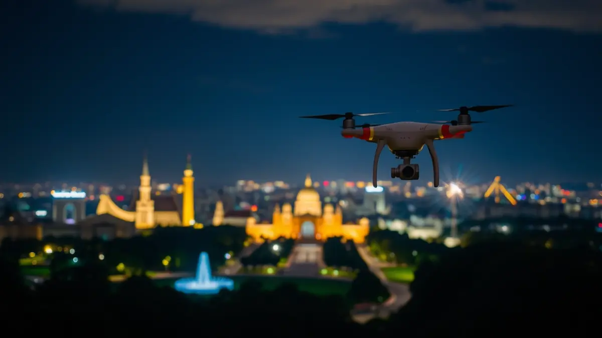 Drone show illuminating the night sky with historical figures and monuments.
