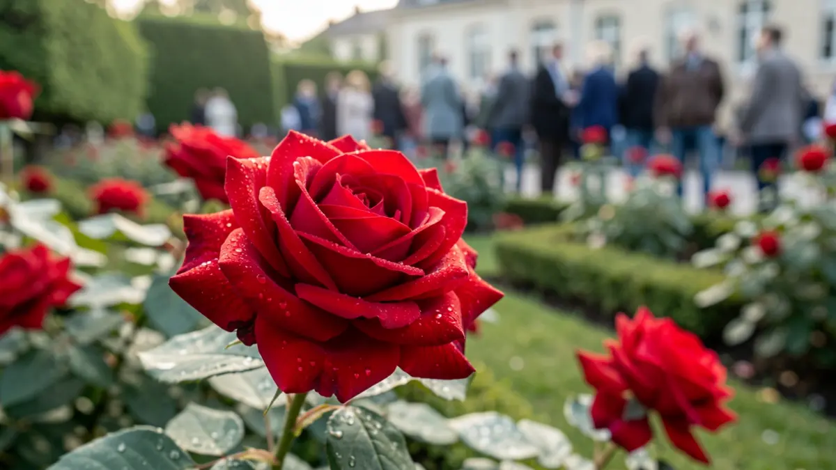 Primer plano de una rosa roja vibrante con gotas de rocío en sus pétalos en la Rosaleda del Parque del Oeste.