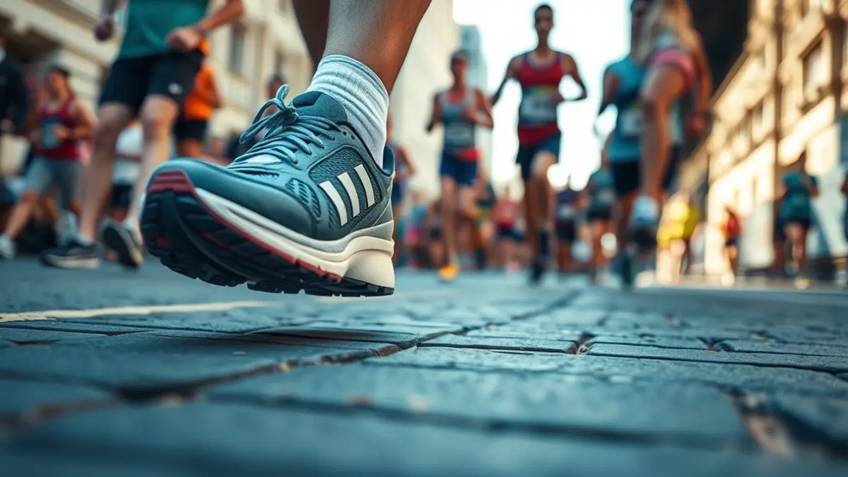 Generic image of a running shoe on an urban street during a race.