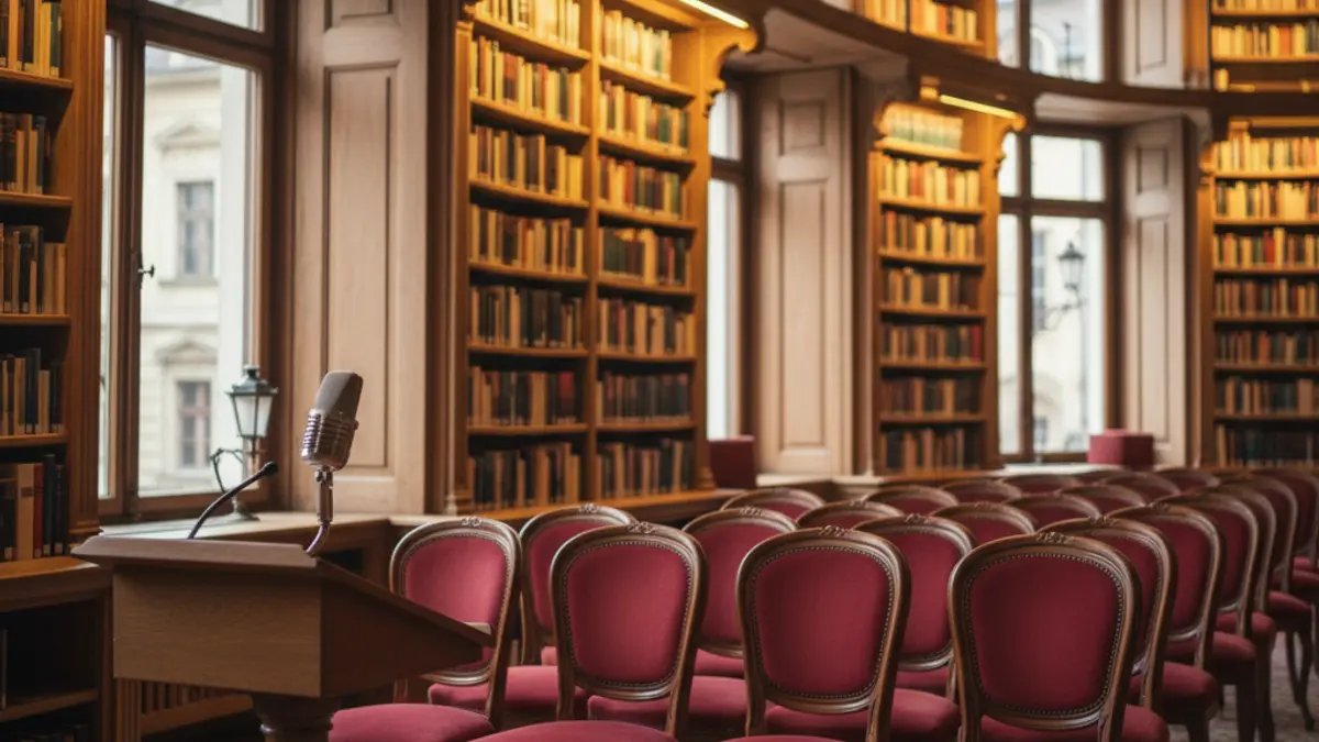 Generic image of a library or cultural center interior with warm lighting.