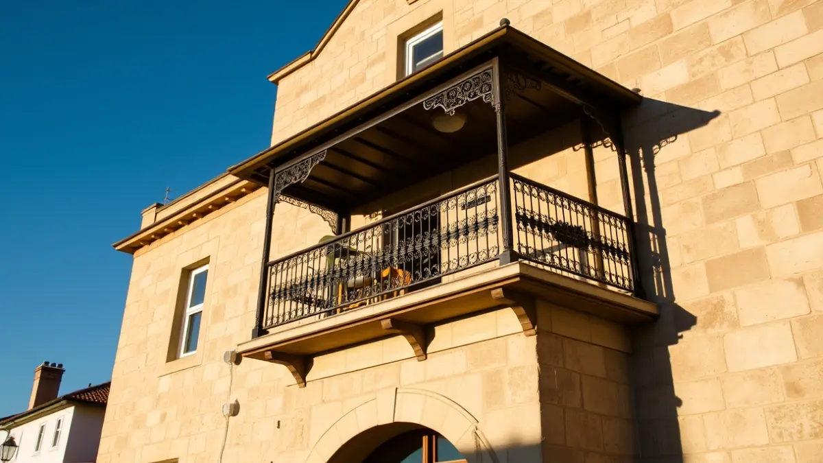 Facade of a town hall with a balcony and iron railings, under the afternoon sunlight.