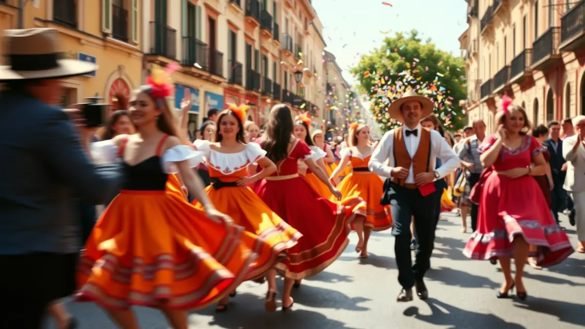 Image of a folk parade with dancers in traditional costumes.