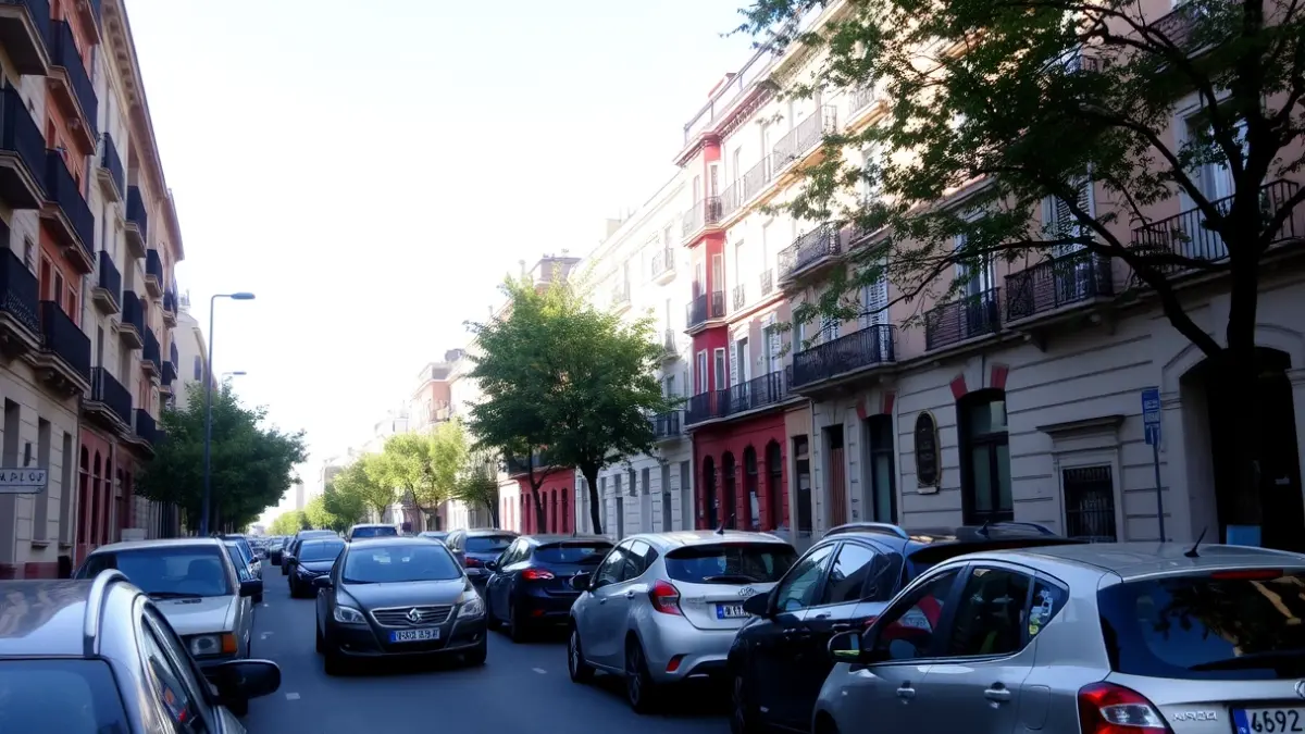 Generic image of a residential street in Madrid with parked cars and parking meters.