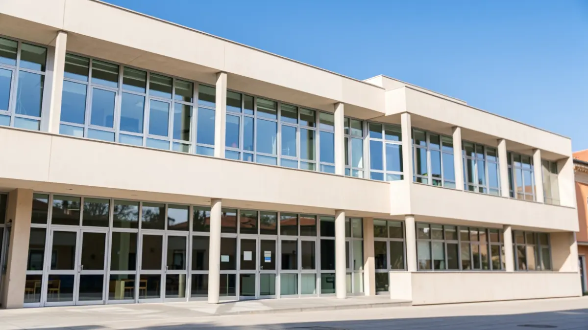 Fachada de un colegio público moderno en Madrid.