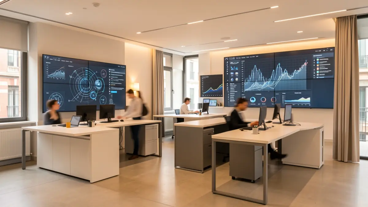 Interior of an innovation center in Madrid with screens and professionals.
