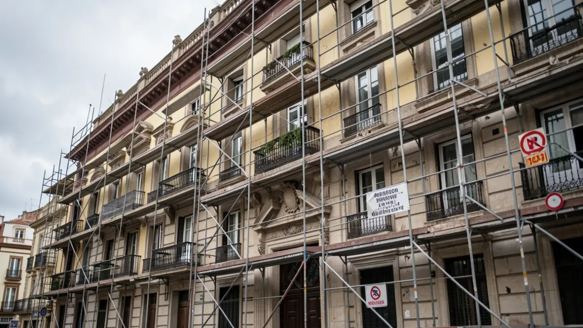 Facade of an old building in Madrid with demolition and construction signs.