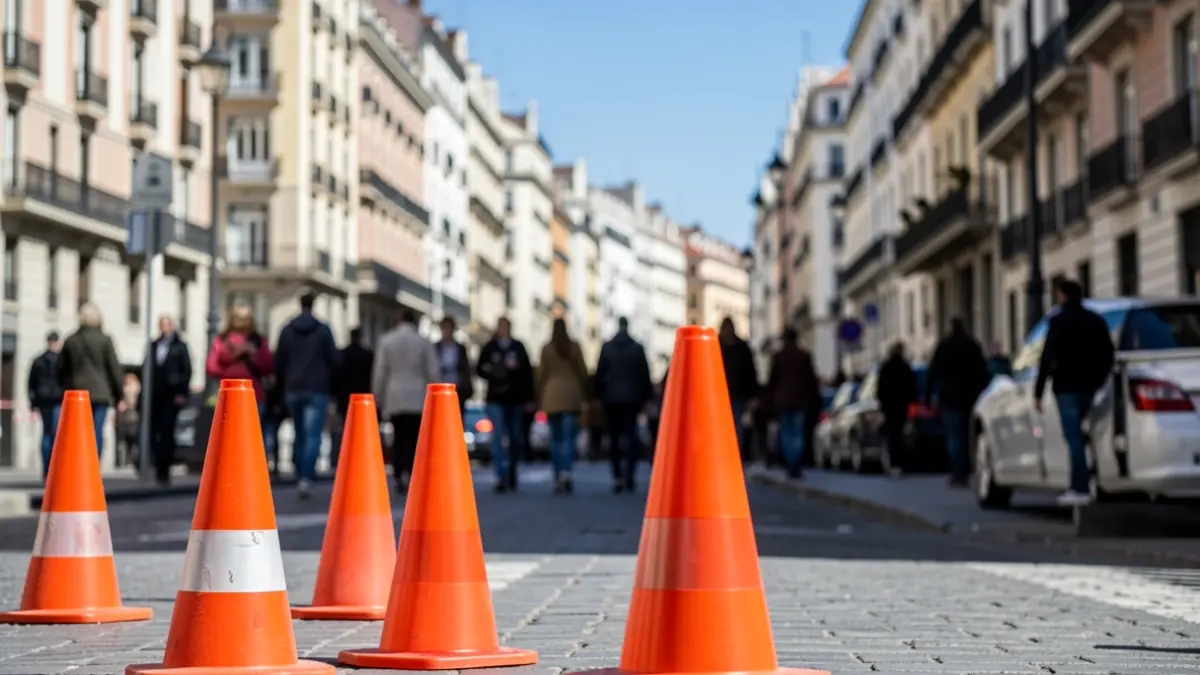 Generic image of construction barriers and safety cones on a street in Madrid.