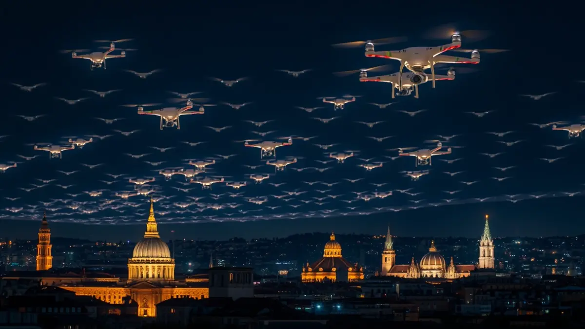 Drone show illuminating the night sky of Madrid.