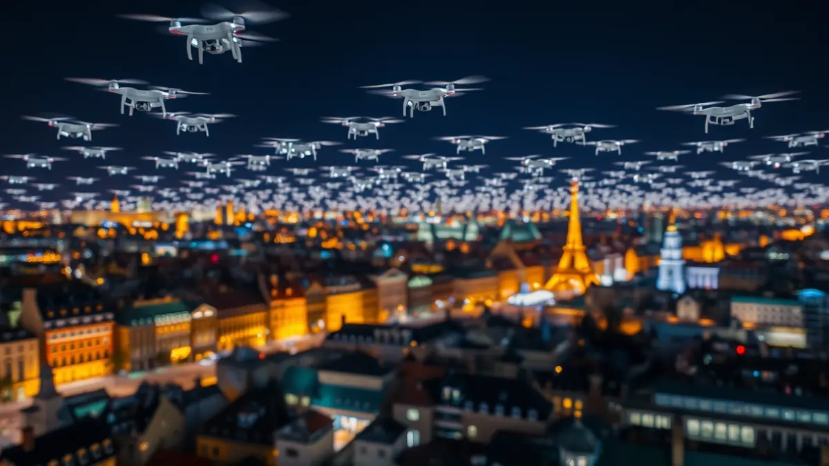 Imagen de drones iluminando el cielo nocturno de Madrid.
