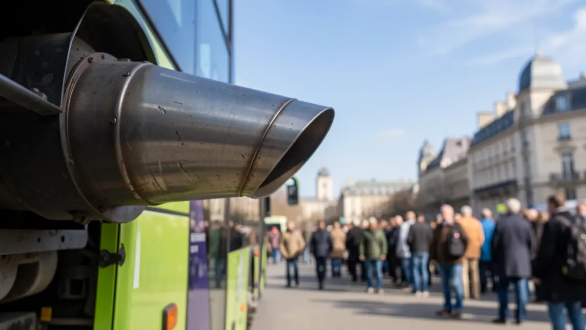 Detail of a city bus exhaust pipe in Madrid.