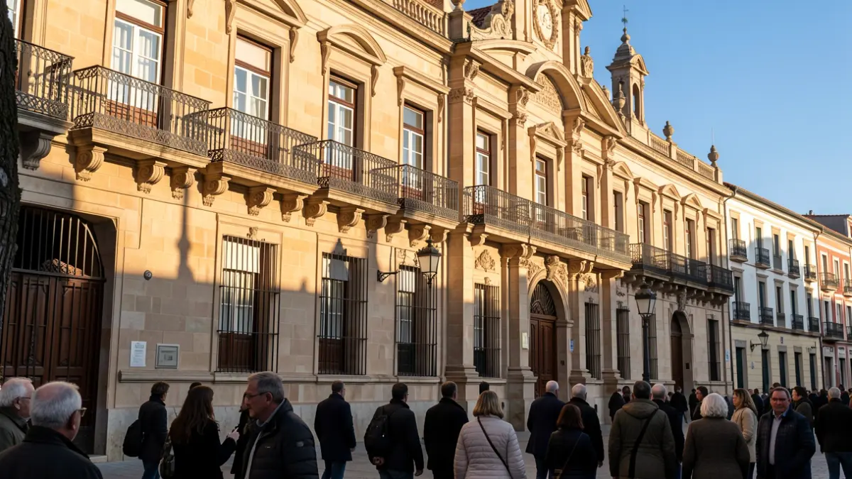 Facade of a Madrid town hall with ornate balconies and iron railings, under the afternoon sunlight.
