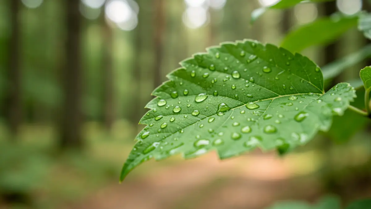 Primer plano de una hoja verde con gotas de rocío, simbolizando la conservación de la naturaleza.