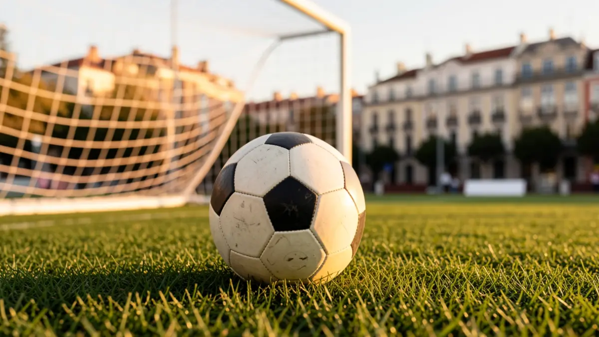 Generic image of a soccer ball on grass with the goal net out of focus.