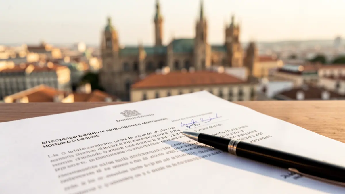 Image of a Spanish mortgage deed with a pen and the Madrid skyline in the background.