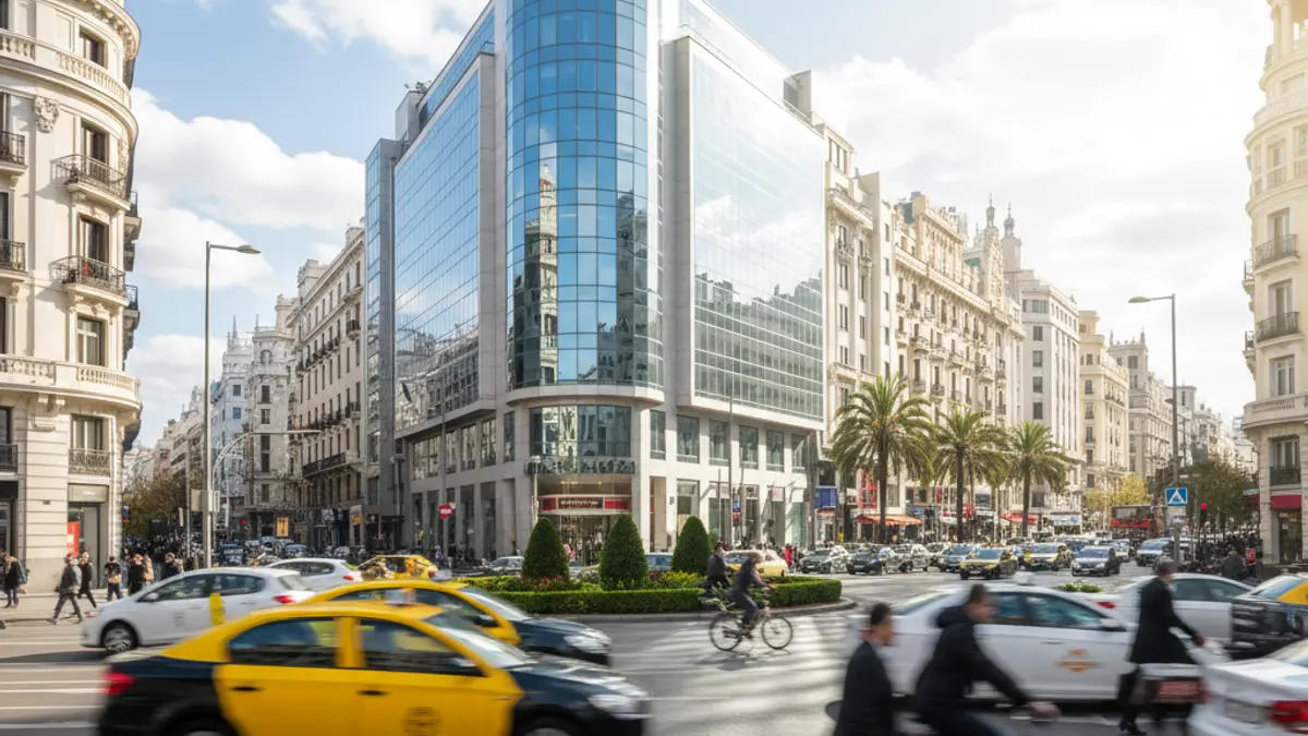 Image of Madrid city with modern buildings and economic activity.