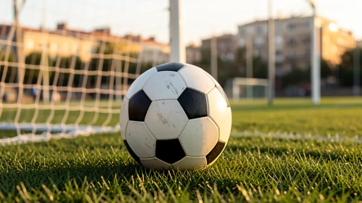 Generic image of a soccer ball on grass with the goal net blurred.