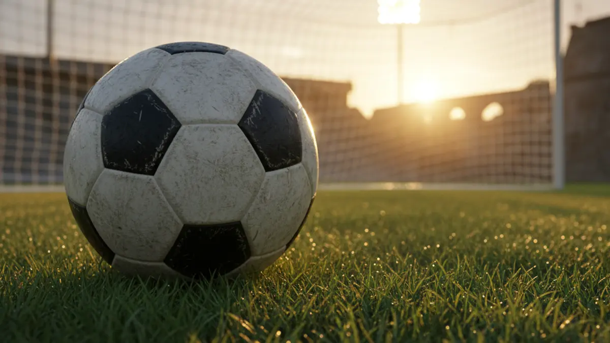 Generic image of a soccer ball on a field, with the goal in the background.