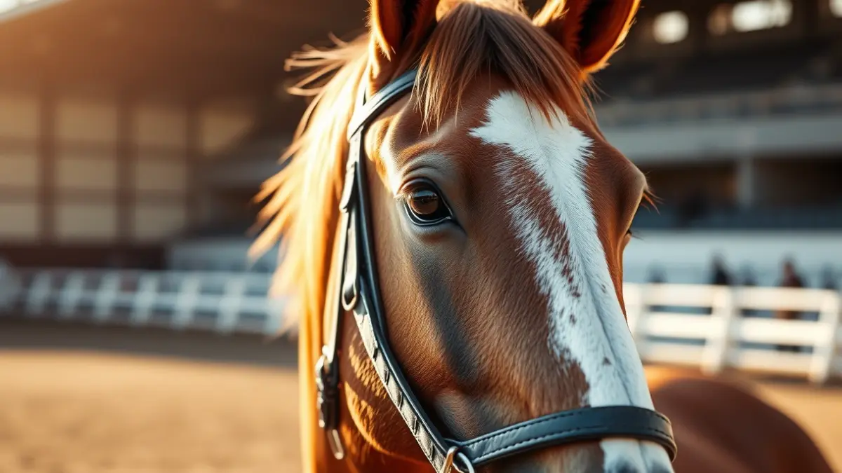 Imagen de un caballo con brida en un evento ecuestre.