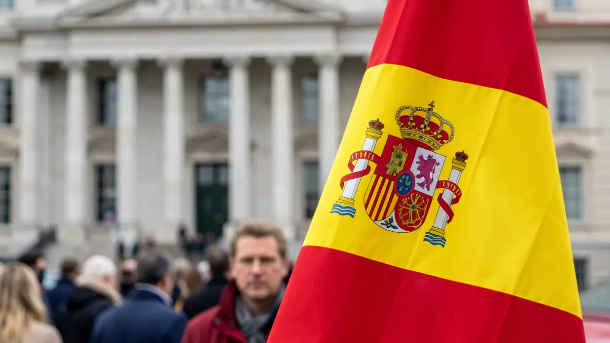 Bandera de España con un edificio gubernamental difuminado al fondo, simbolizando un conflicto institucional.