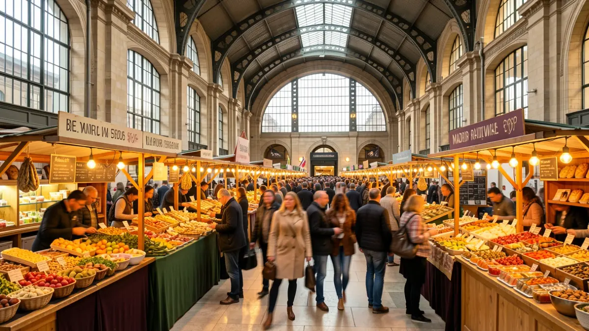 Imagen del interior del Museo del Ferrocarril de Madrid ambientado como festival gastronómico con puestos de comida y gente.