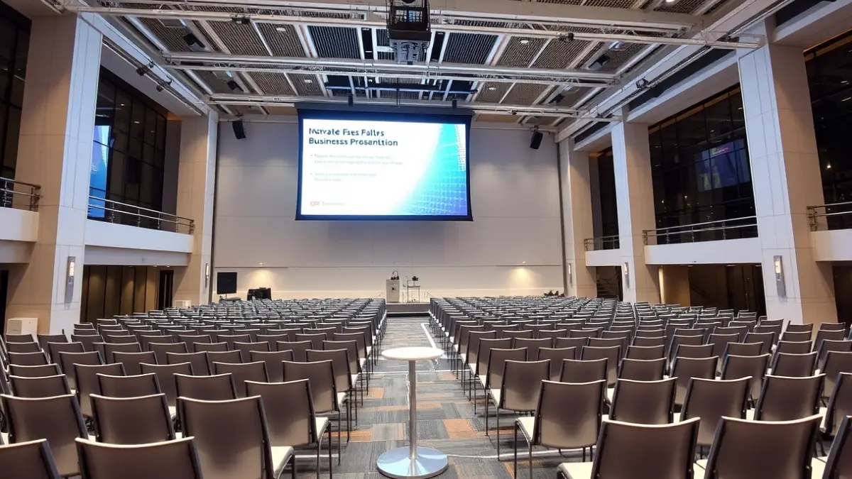 Generic image of a modern convention center, with empty chairs and a screen, symbolizing events and trade shows.
