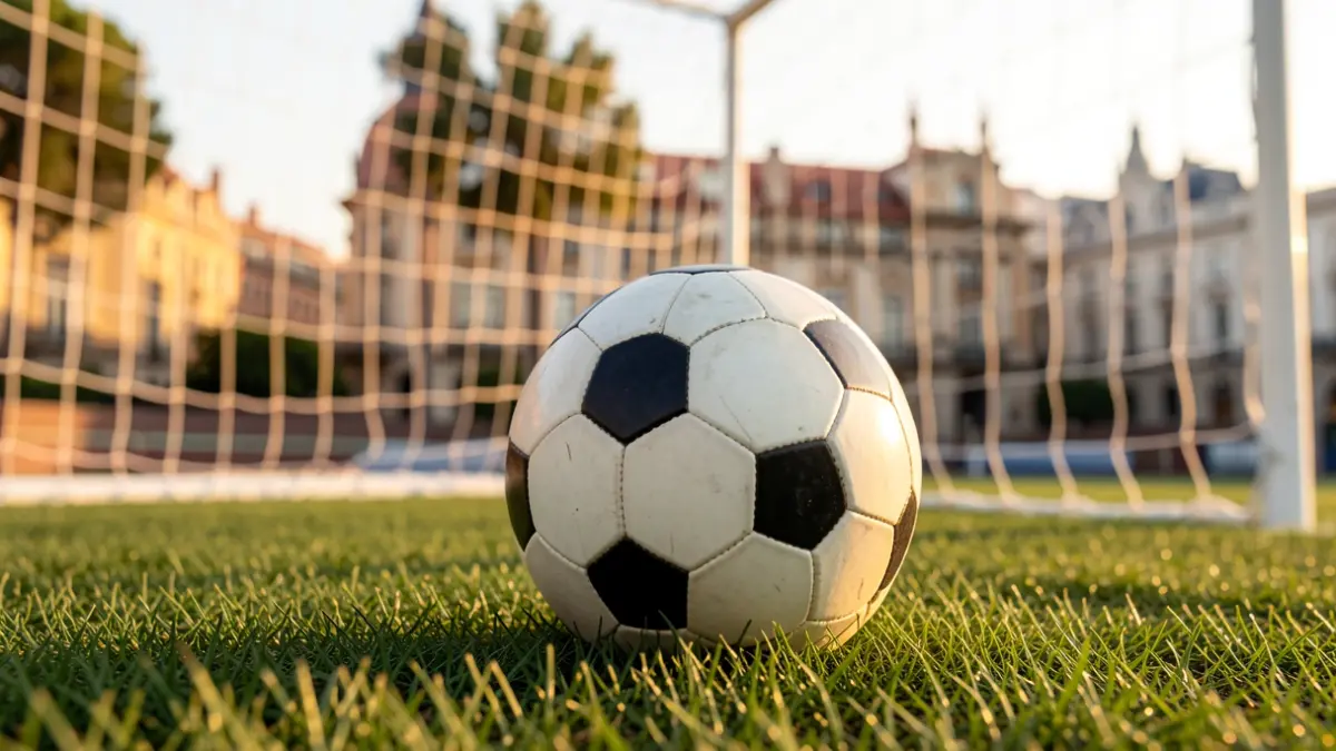 Imagen genérica de un balón de fútbol sobre césped con la red de la portería desenfocada.