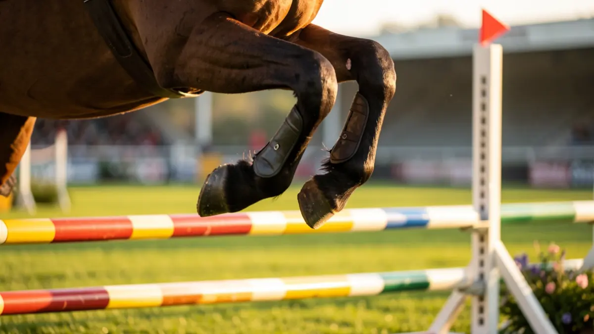 Close-up of show jumping horse hooves mid-air over a colorful obstacle.