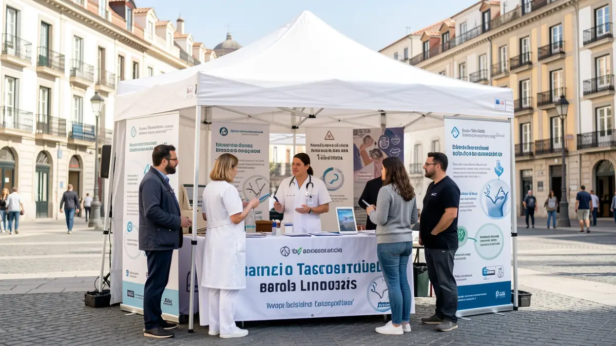 Carpas informativas sobre los riesgos del tabaco y vapeadores instaladas en una plaza de Madrid.