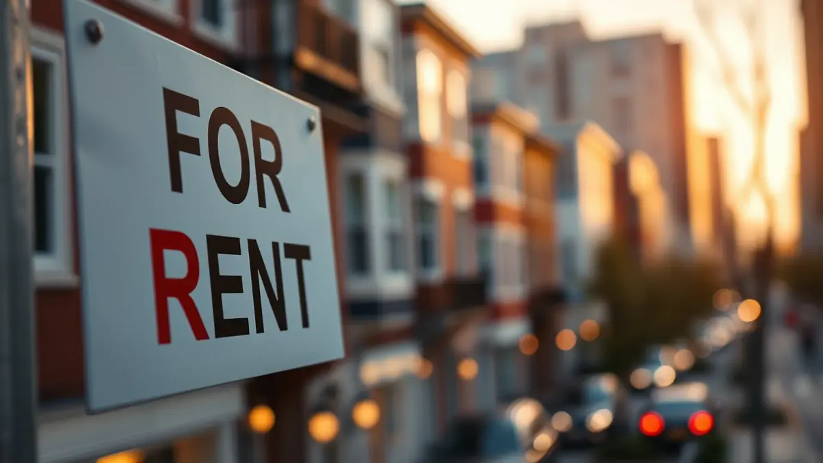 Generic image of a 'For Rent' sign with a blurred urban background.