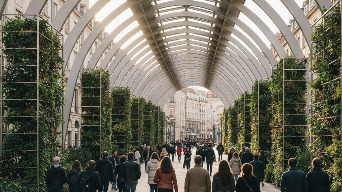 Image of an urban bridge underpass with vertical gardens and pedestrian areas.