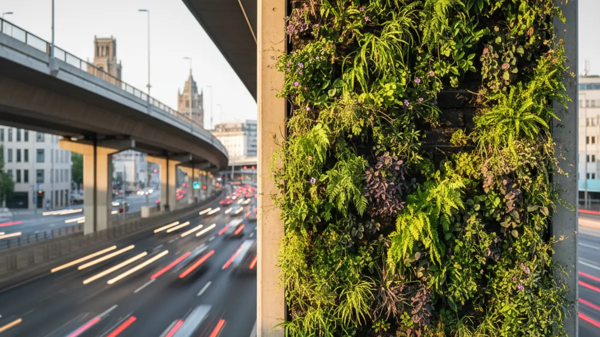 Image of a vertical garden under an overpass in an urban setting.