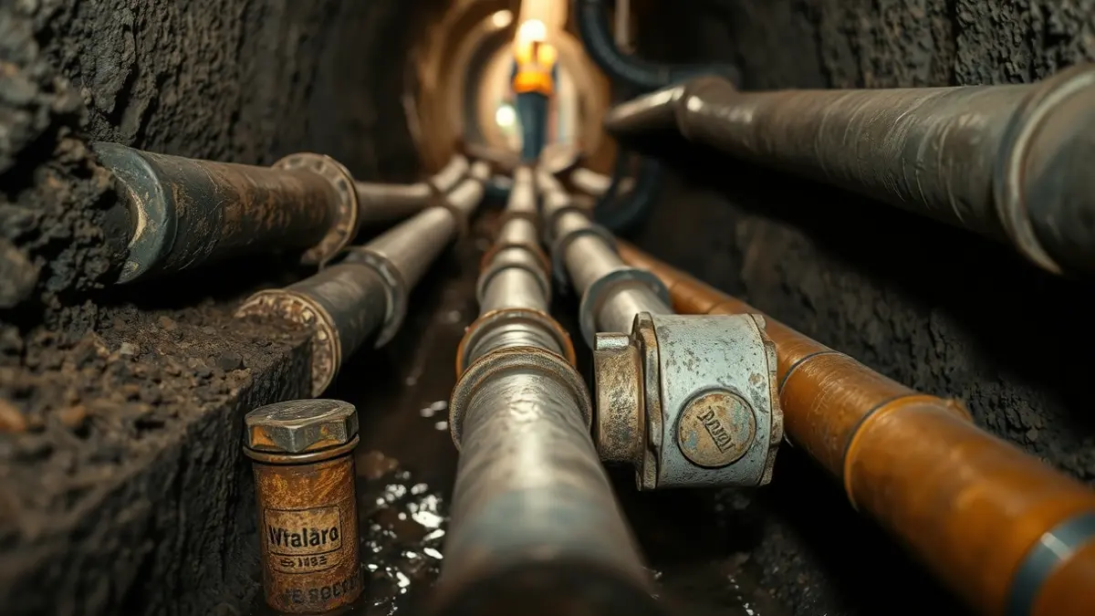 Image of underground water pipes, some old and some new, in a construction trench in Madrid.