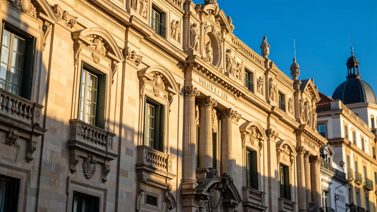 Fachada de un edificio histórico en Madrid con detalles arquitectónicos ornamentados, bajo la luz del sol de la tarde.
