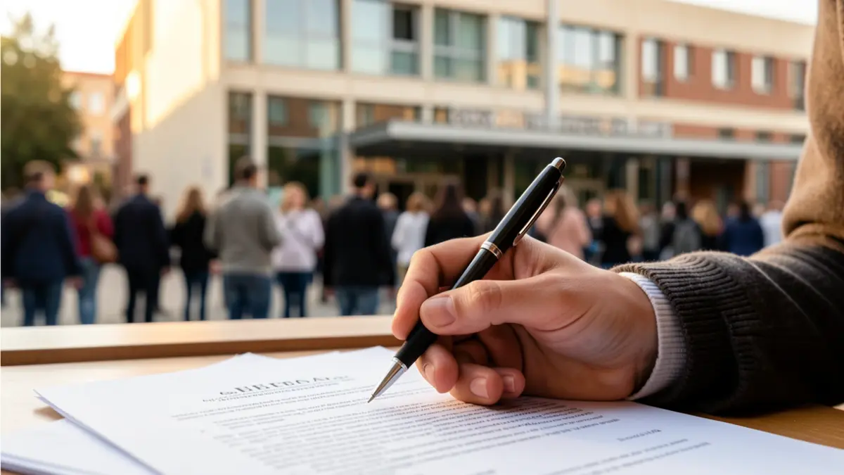 Mano de estudiante sujetando un bolígrafo sobre un documento oficial frente a una universidad en Madrid.