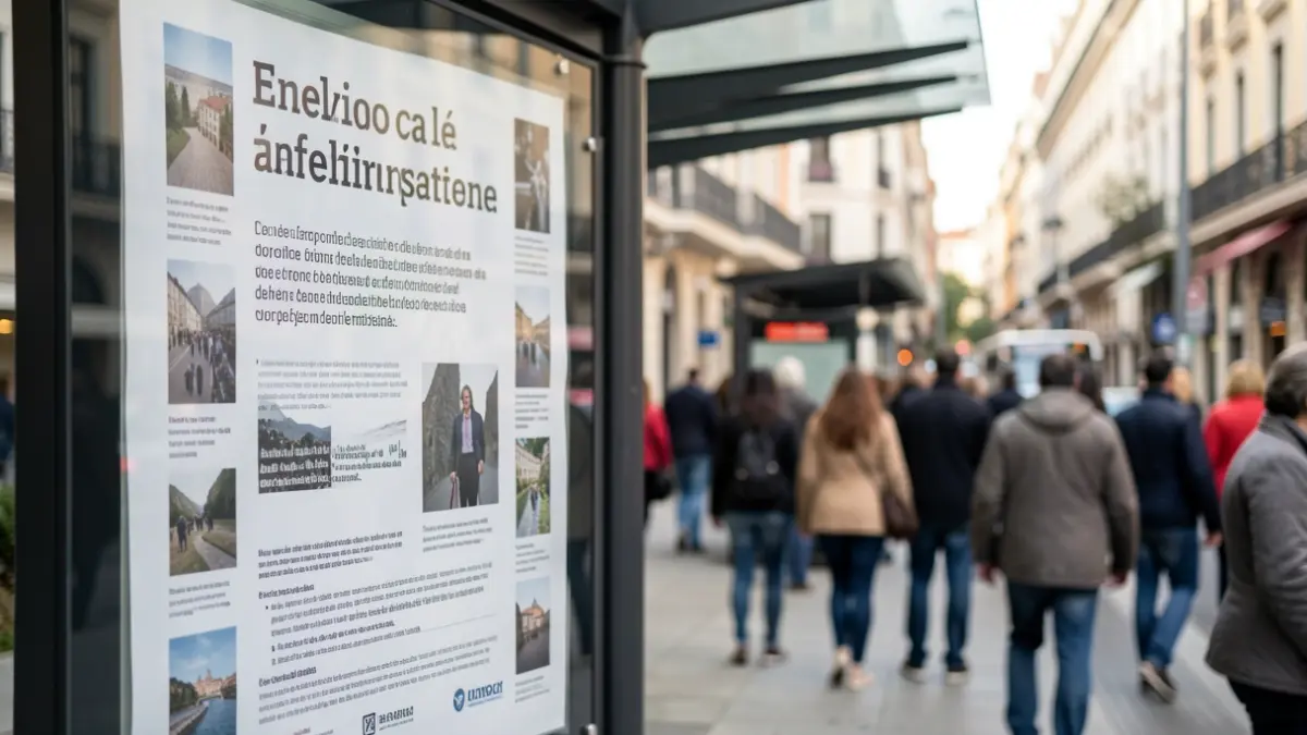 Informative poster of the municipal campaign on homelessness at a bus stop in Madrid.
