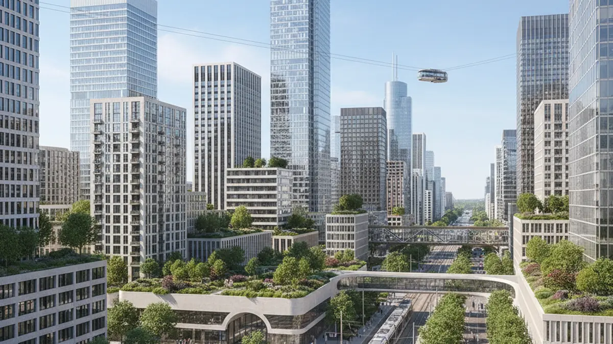 Image of modern buildings and green spaces in an urban environment.