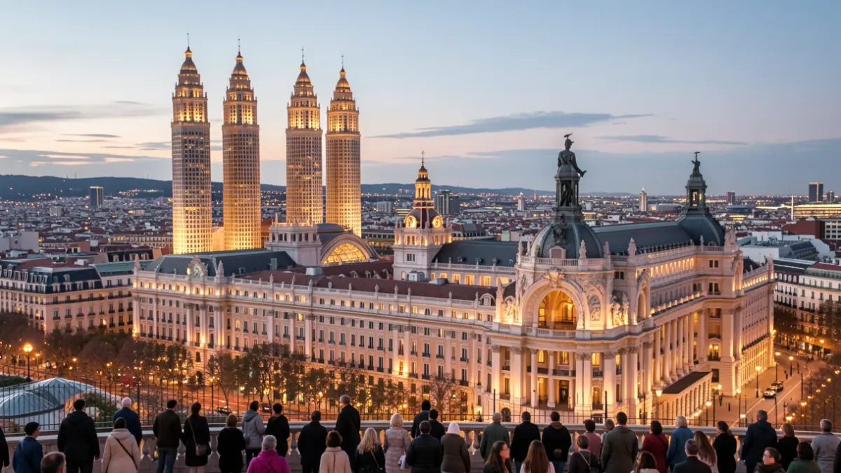 Panoramic view of the Madrid skyline at dusk with city lights.
