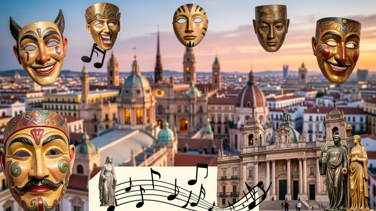 Collage of Madrid cultural symbols: theatre masks, art, architecture, and music.